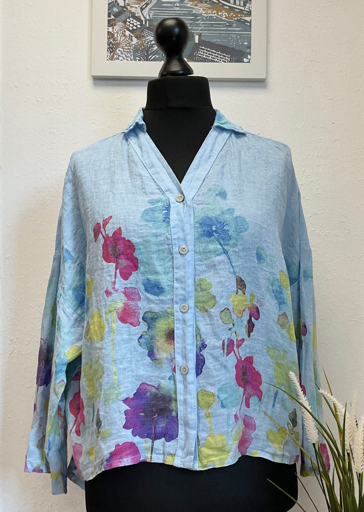 Colette Floral Watercolour Print Pure Linen Shirt One Size