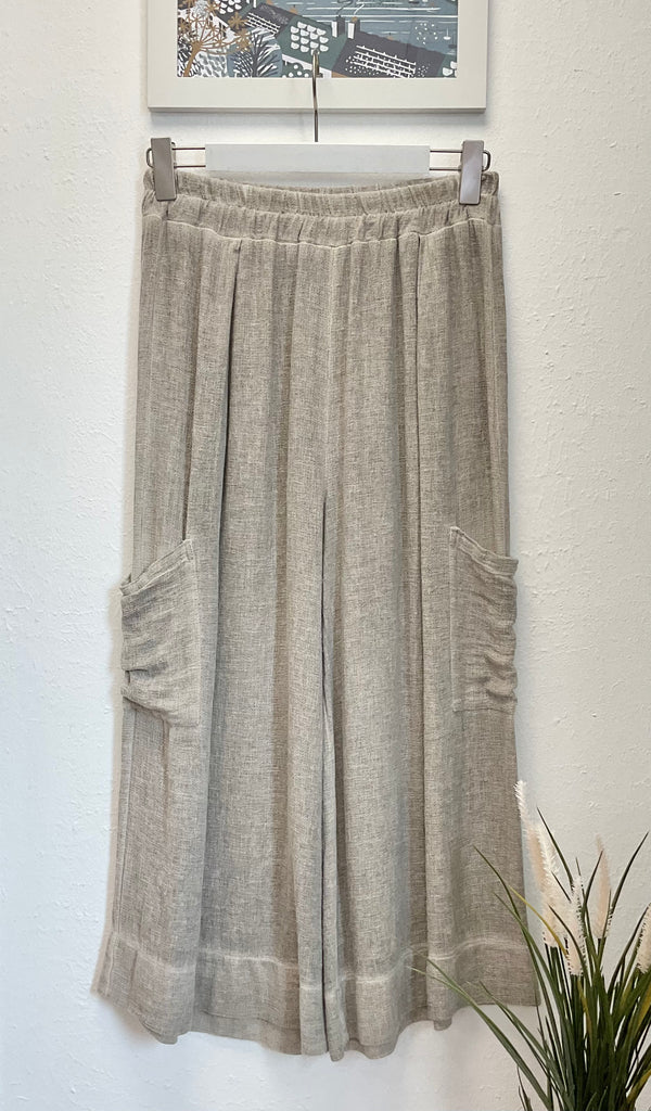 Washed Linen Side Pocket Cropped Trousers One Size