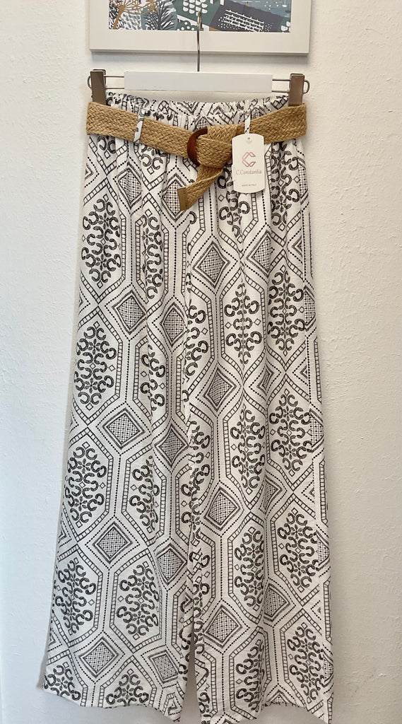Printed Wide Leg Belted Trousers One Size