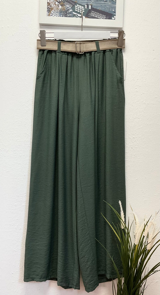 Wide Leg Belted  Crinkle Viscose Trousers One Size 8-16