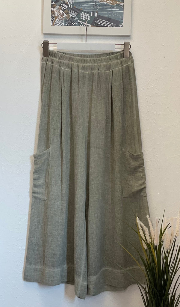 Washed Linen Side Pocket Cropped Trousers One Size