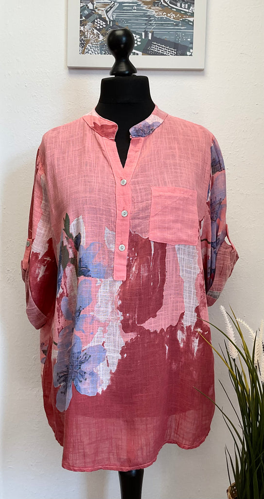 Contrast Floral Cotton 3 Button Blouse One Size