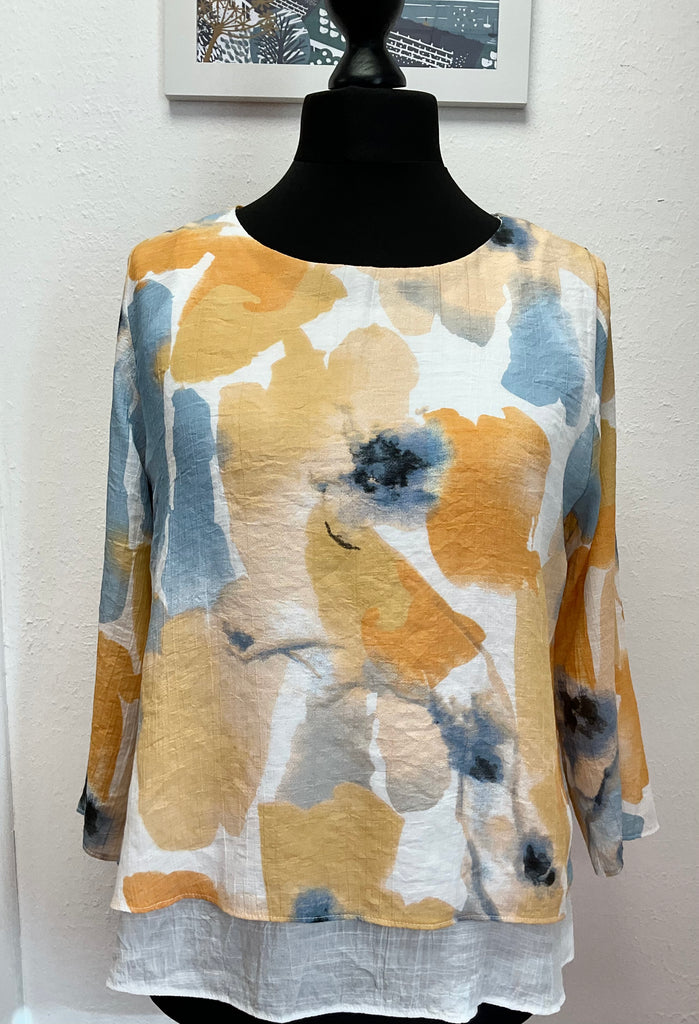 Claudia Water Colour Print Layered Top Peach Blue