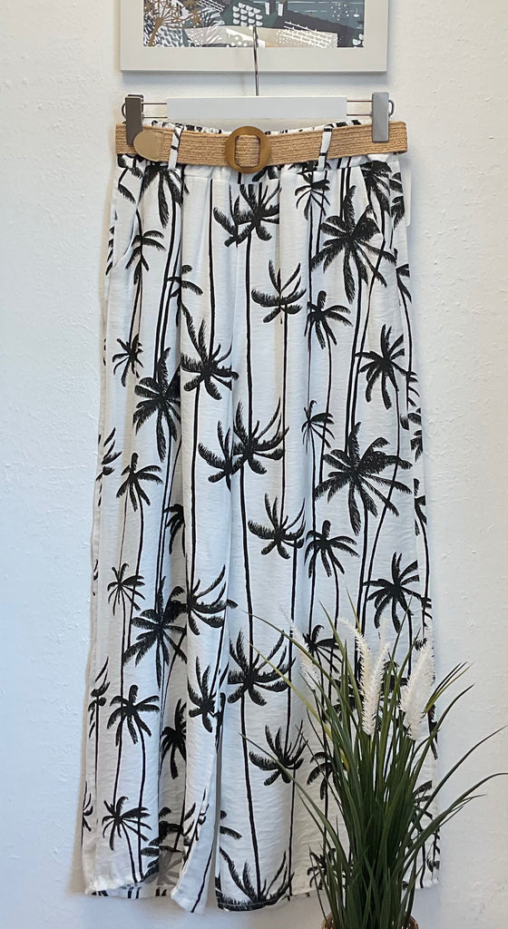 Palm Print Wide Leg Belted Trousers One Size 8-16
