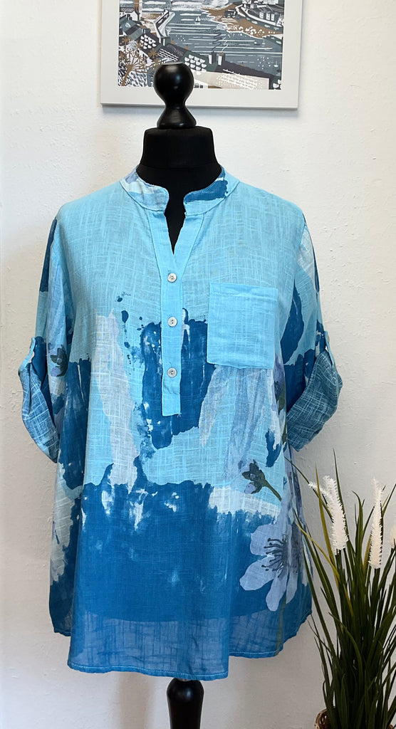 Contrast Floral Cotton 3 Button Blouse One Size