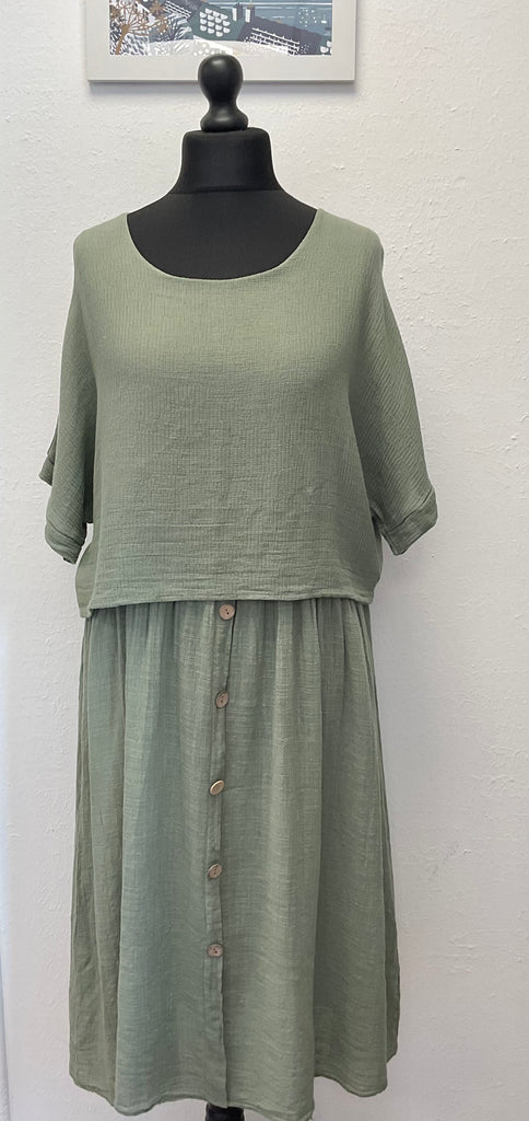 Cotton Layered  Dress Button Detail 2Piece Set One Size