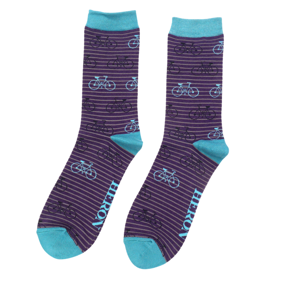 Mr Heron Bikes & Stripes Mens Bamboo Socks Purple