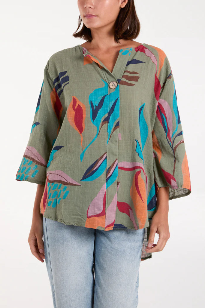 Pure Cotton Button Leaf Print Top One Size 8 - 18