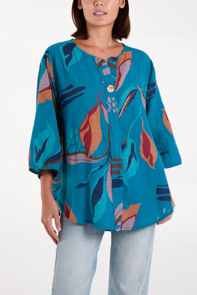 Pure Cotton Button Leaf Print Top One Size 8 - 18