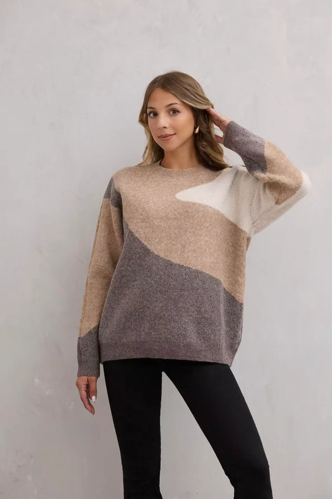 Colour Block Wool Blend Crew Neck Jumper One Size