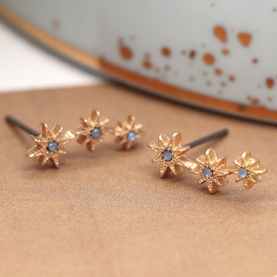 POM Peace of Mind Golden Triple Embossed Star & Blue Crystal Stud Earrings 03763