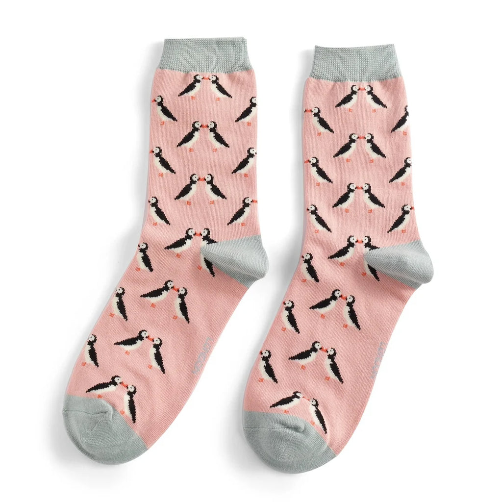 Miss Sparrow Kissing Puffins Socks Dusky Pink