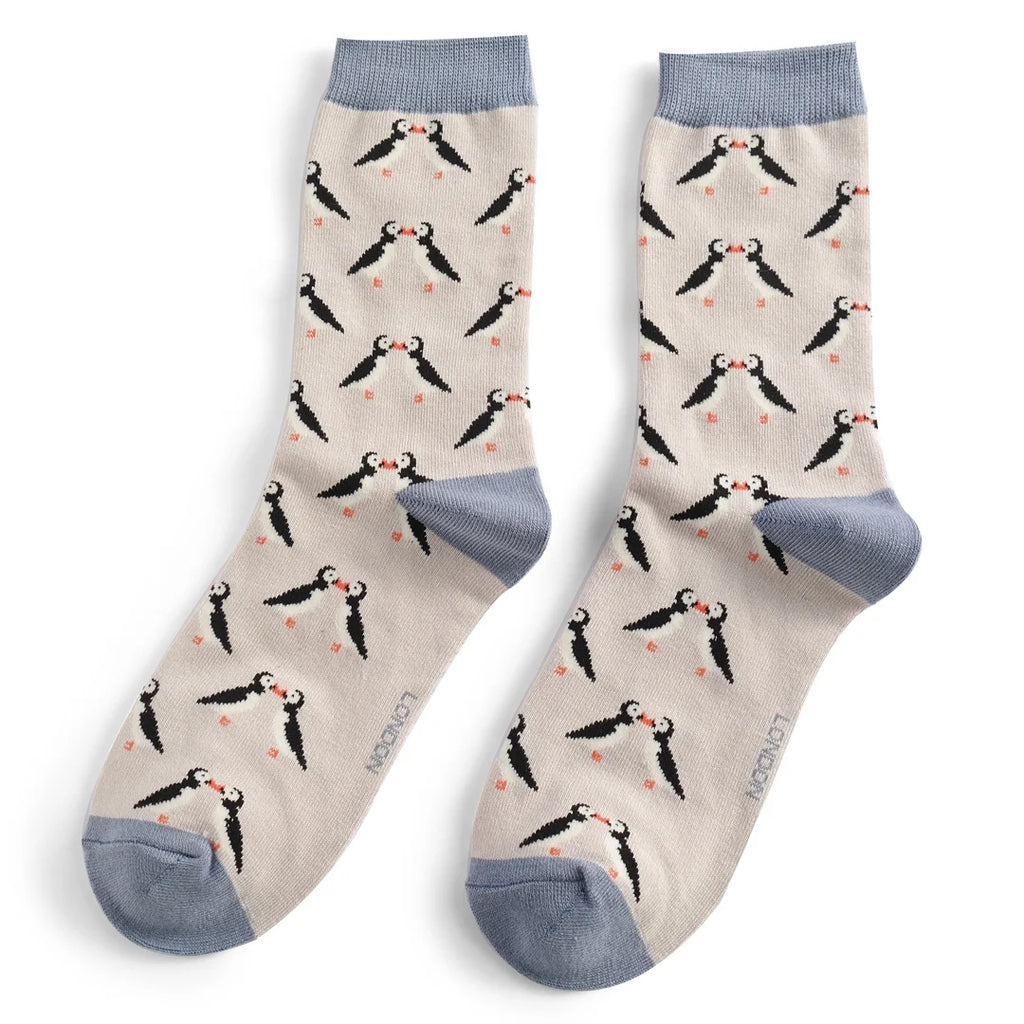 Miss Sparrow Kissing Puffins Socks Silver