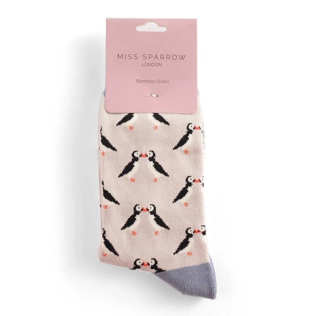 Miss Sparrow Kissing Puffins Socks Silver