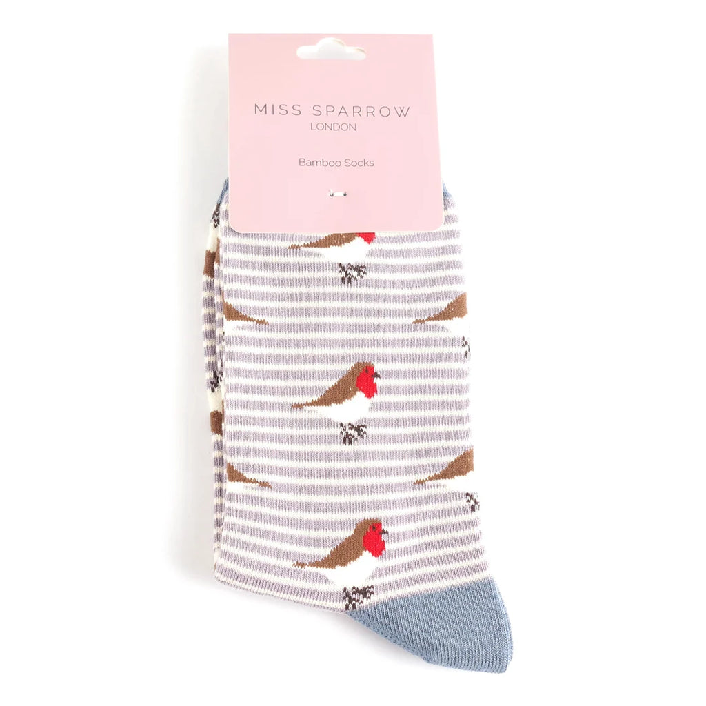 Miss Sparrow Robins on Stripes Socks Lavender