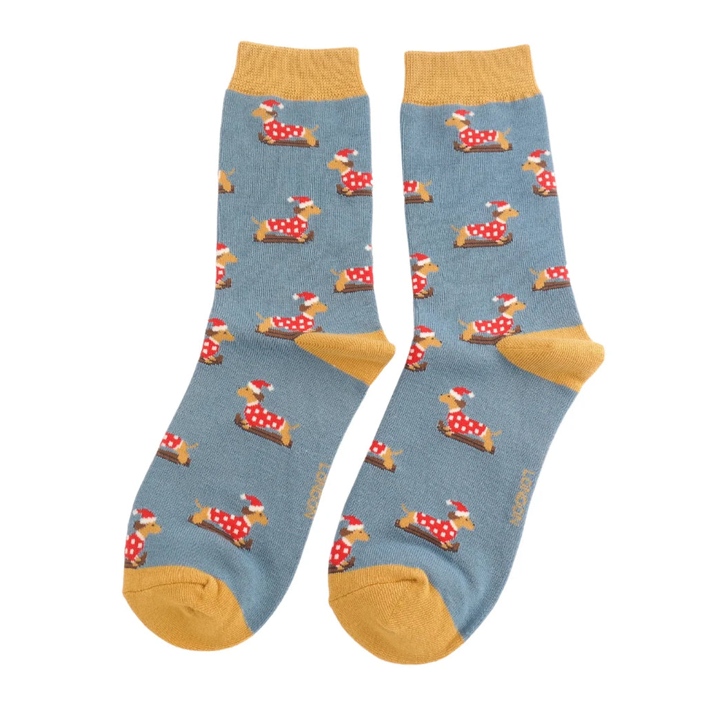 Miss Sparrow Skiing Sausage Dogs Socks Denim SKS459