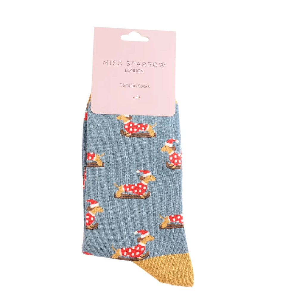 Miss Sparrow Skiing Sausage Dogs Socks Denim SKS459