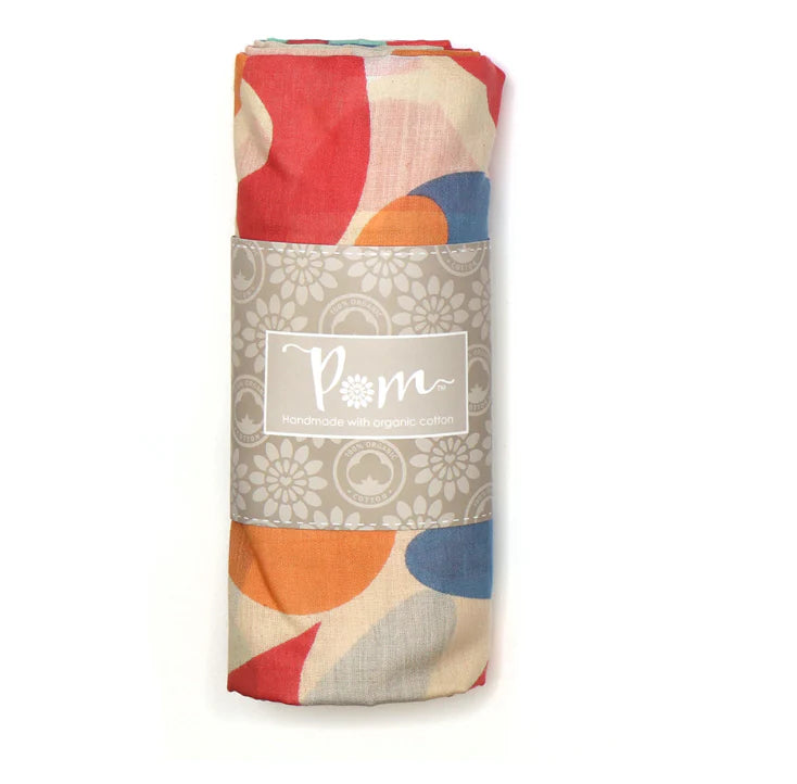 POM Organic Cotton Scarf with Blue, Pink and Orange on Ivory Background