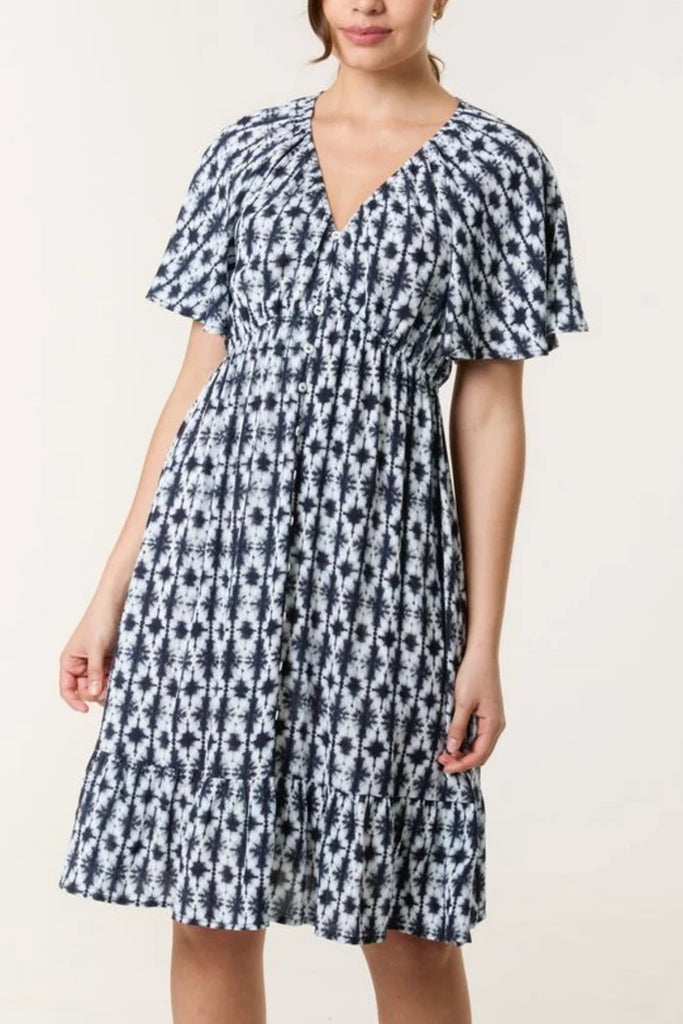 Printed V Neck Button Through Mini Dress