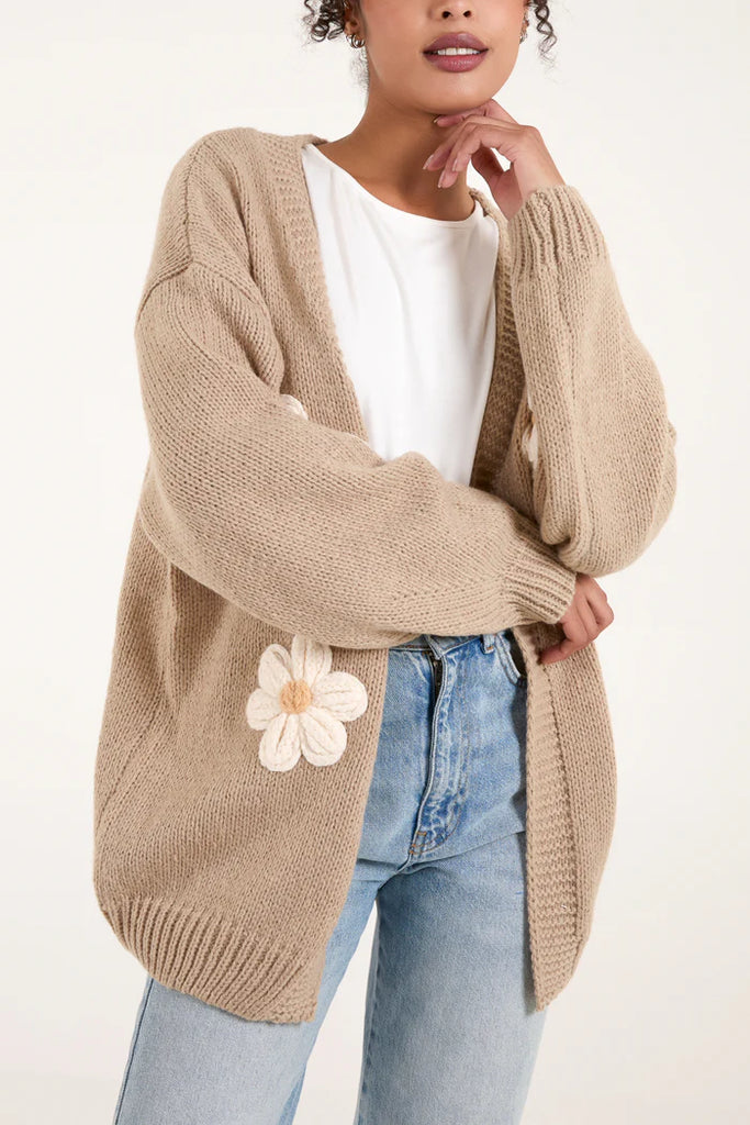 Daisy Flower Knitted Open Cardigan Beige