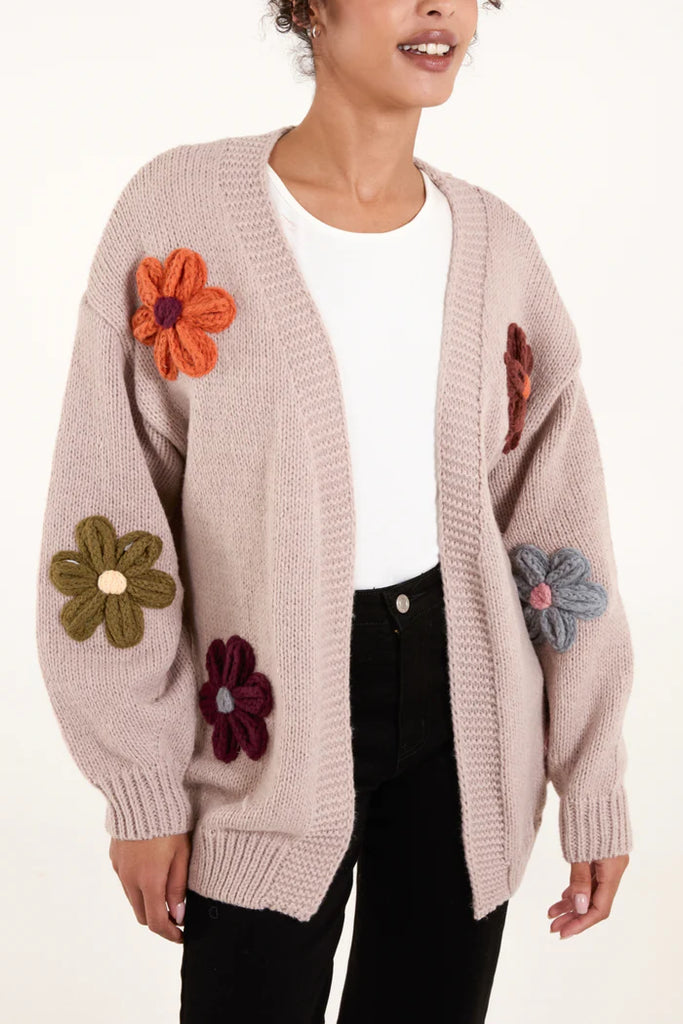 Multi Flower Knitted Open Cardigan Taupe