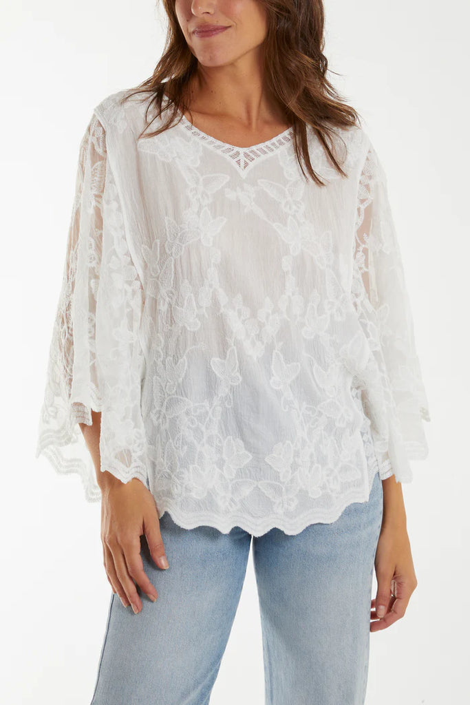 Butterfly Lace V-Neck Scallop Top  One Size