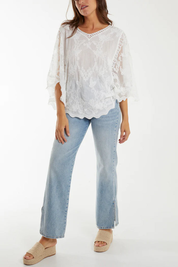 Butterfly Lace V-Neck Scallop Top White
