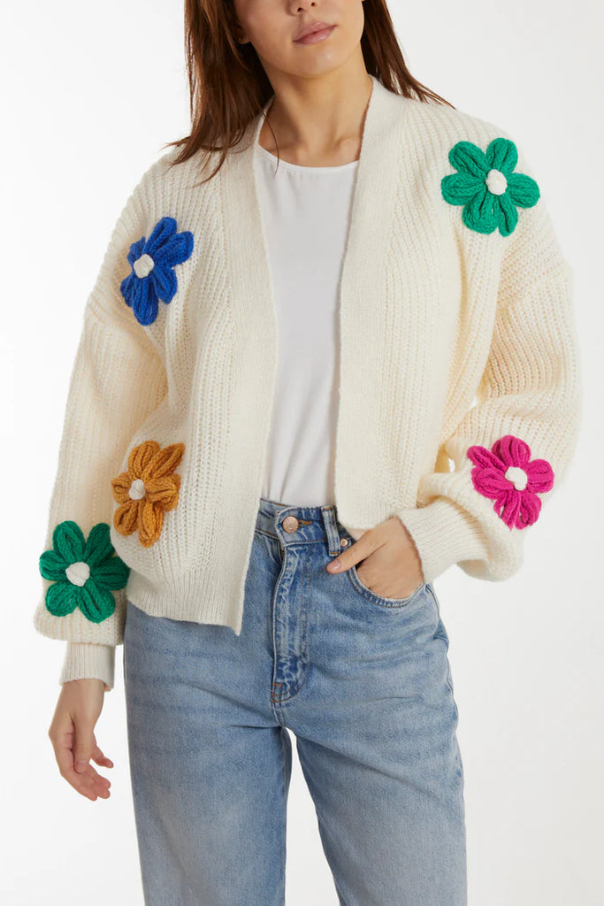 Flocking Flowers Open Knit Cardigan Ivory