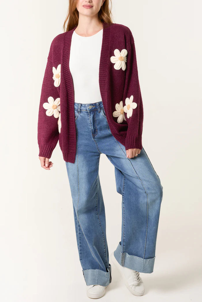 Daisy Flower Open Cardigan Berry
