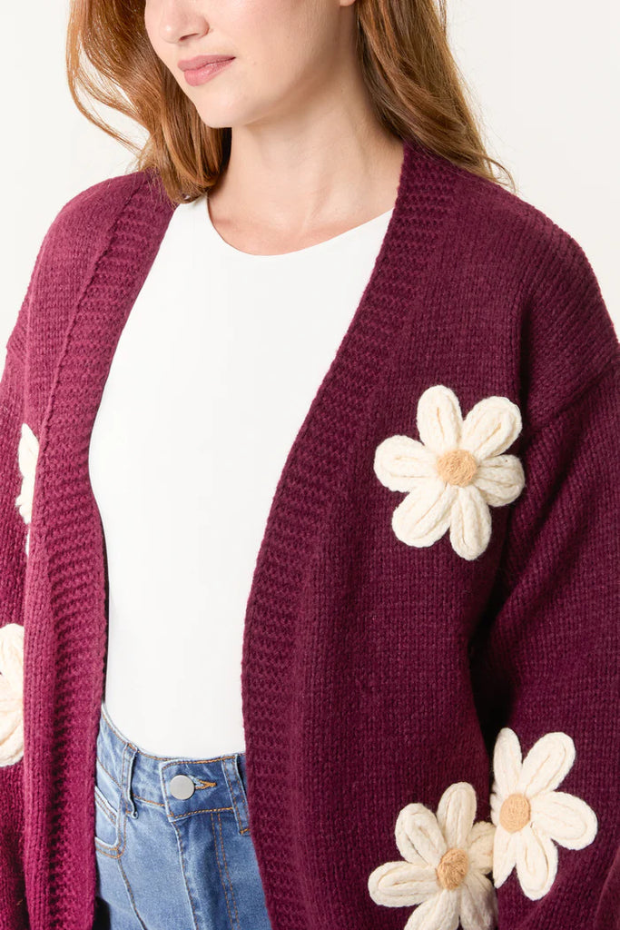 Daisy Flower Open Cardigan Berry