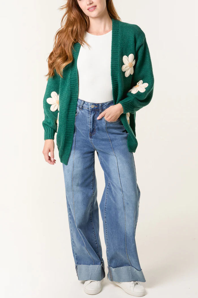 Daisy Flower Open Cardigan Bottle Green