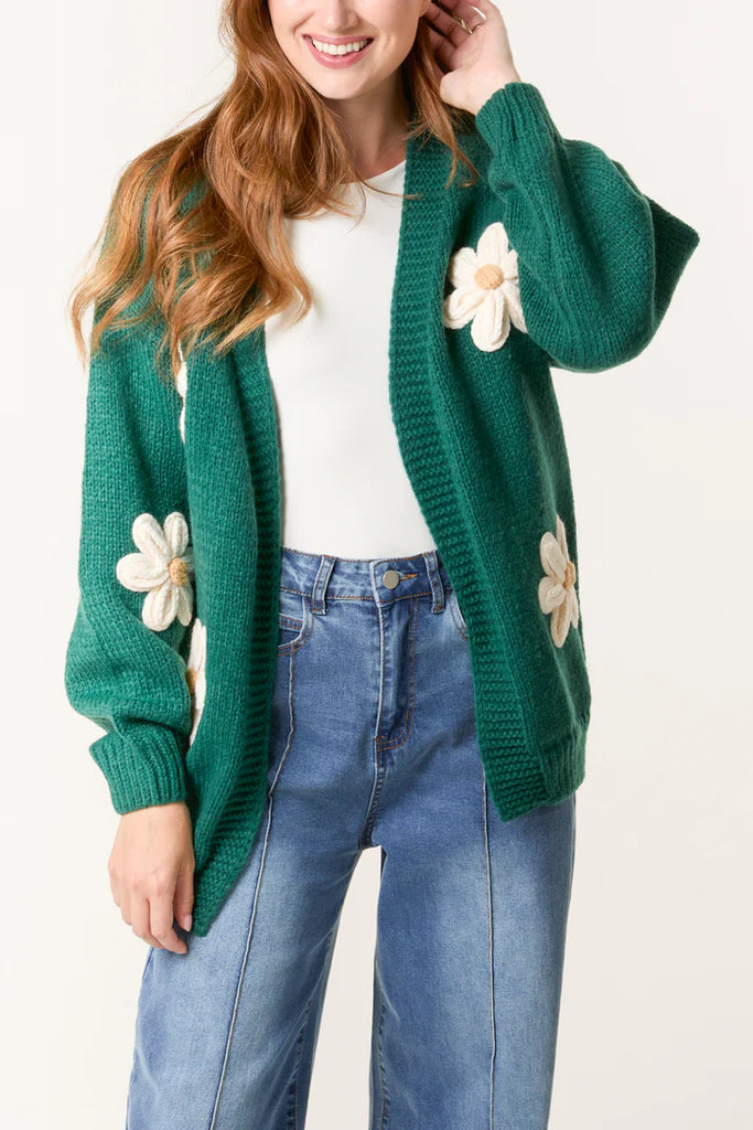 Daisy Flower Open Cardigan Bottle Green