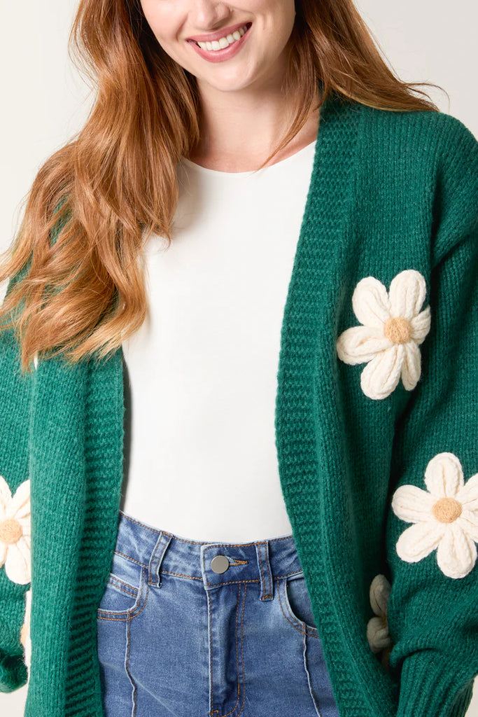 Daisy Flower Open Cardigan Bottle Green