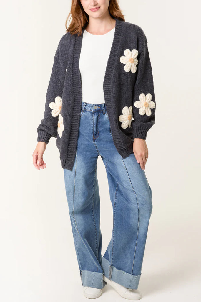 Daisy Flower Open Cardigan Navy
