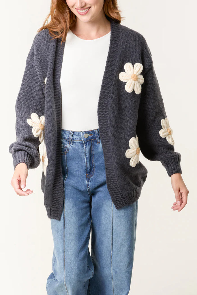 Daisy Flower Open Cardigan Navy