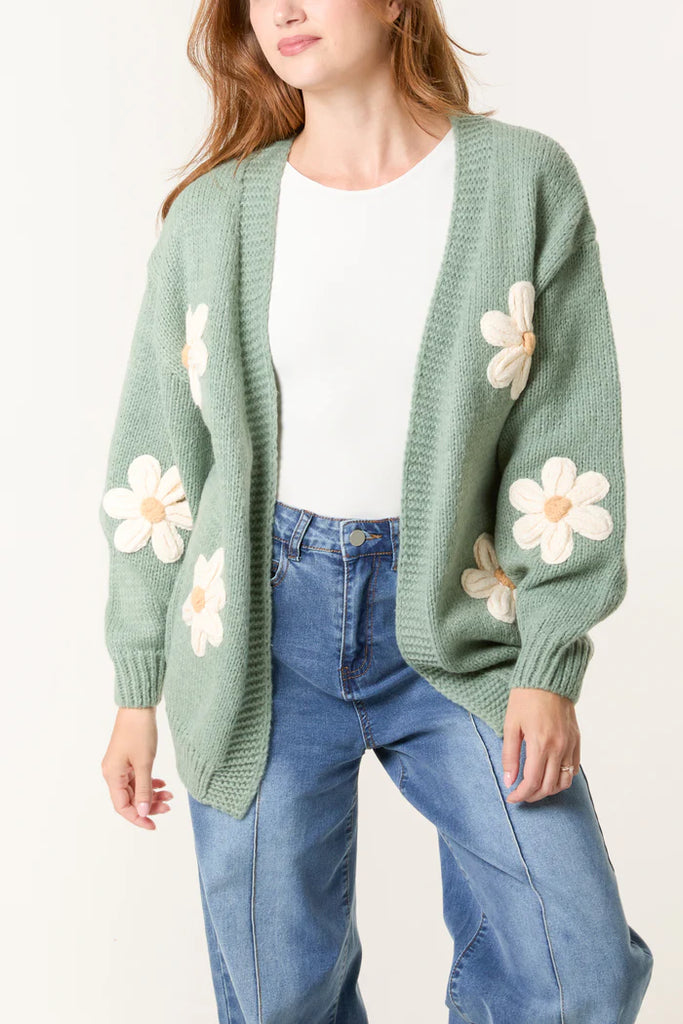 Daisy Flower Open Cardigan Sage