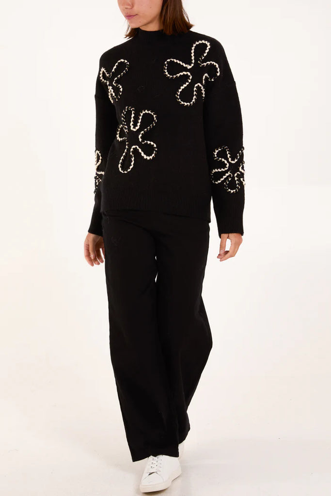 Soft Knit High Neck Jumper Flower Applique Black