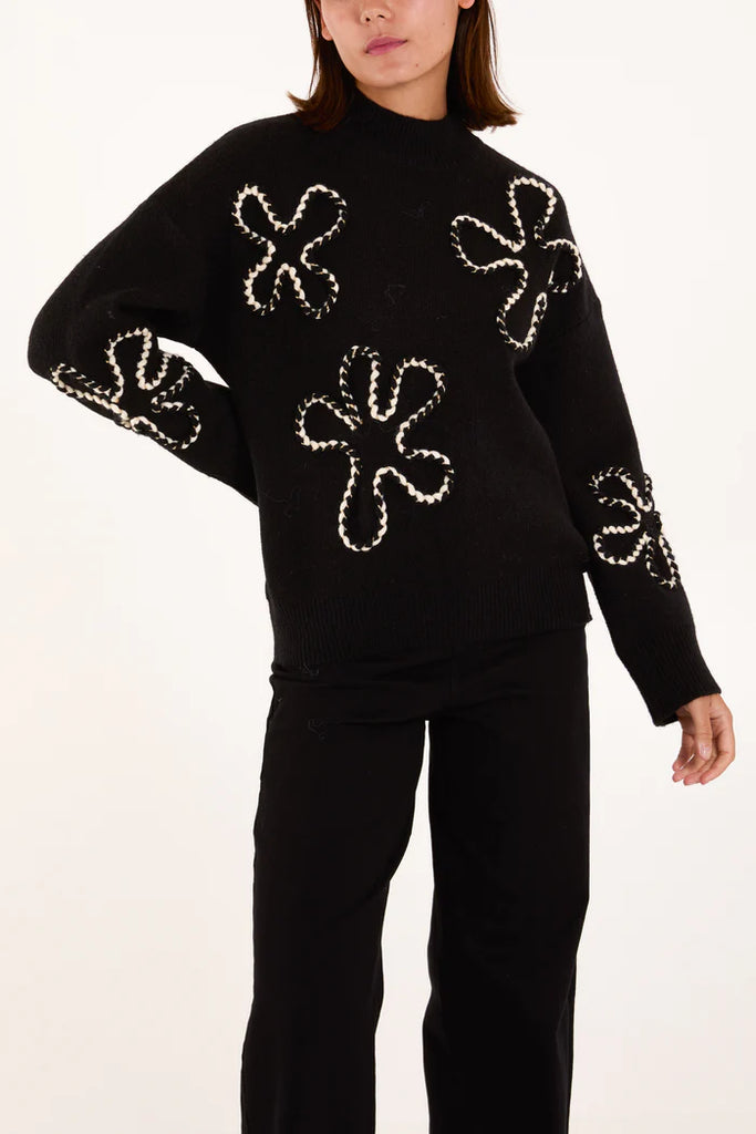 Soft Knit High Neck Jumper Flower Applique Black