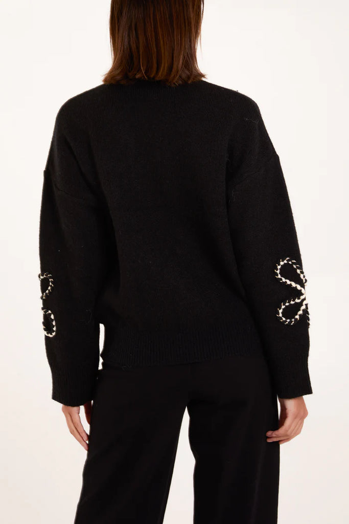 Soft Knit High Neck Jumper Flower Applique Black