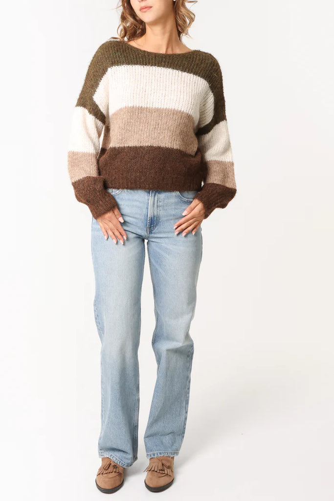 Colour Block Stripe Knit Jumper Khaki