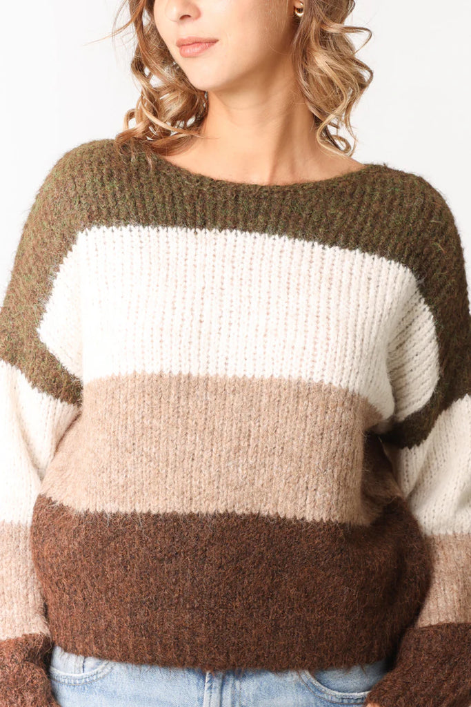 Colour Block Stripe Knit Jumper Khaki