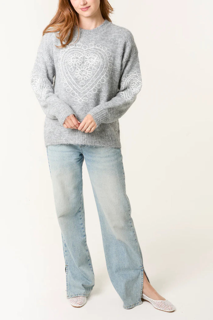 Heart Embroidered Knit Jumper Grey