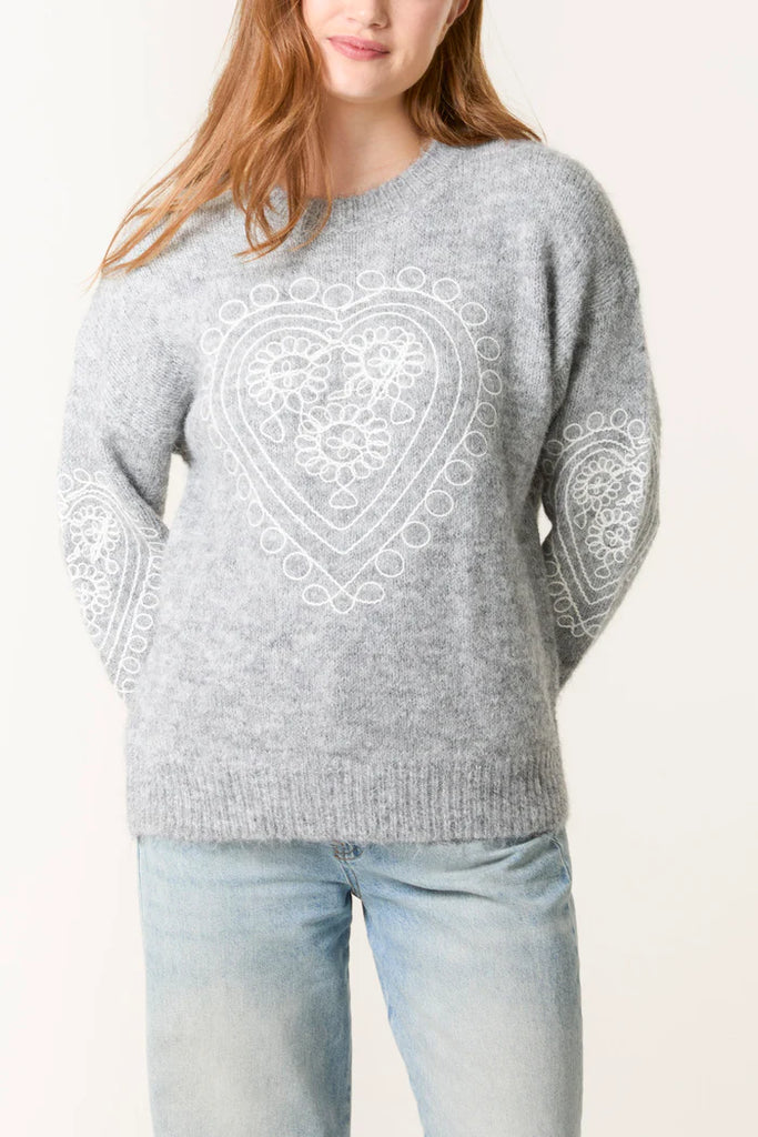Heart Embroidered Knit Jumper Grey