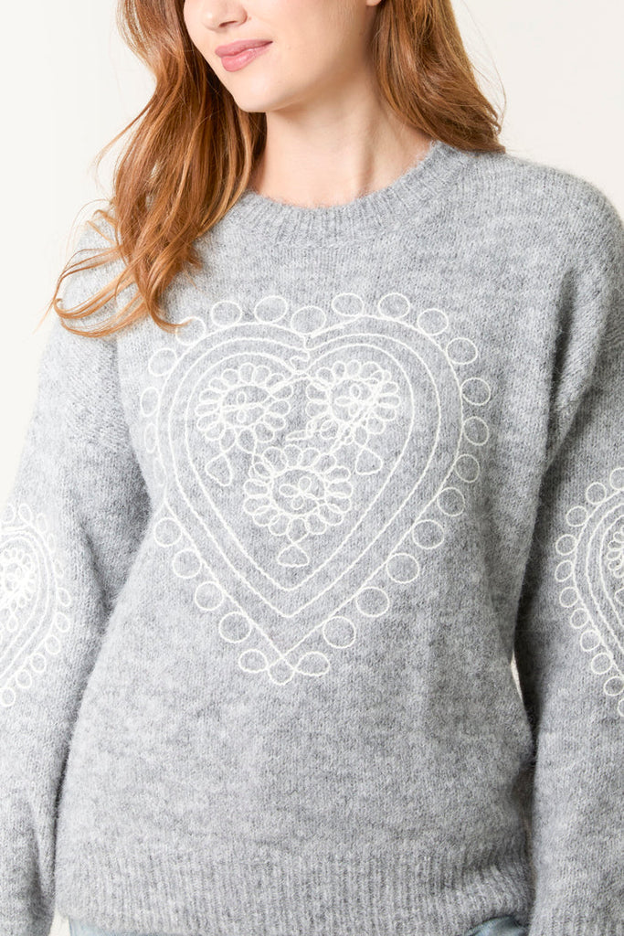 Heart Embroidered Knit Jumper Grey