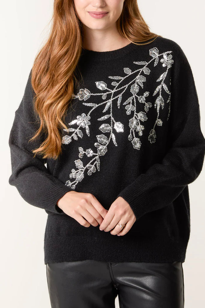Wild Flower Sequin Embellished Leaf Jumper Black/Silver