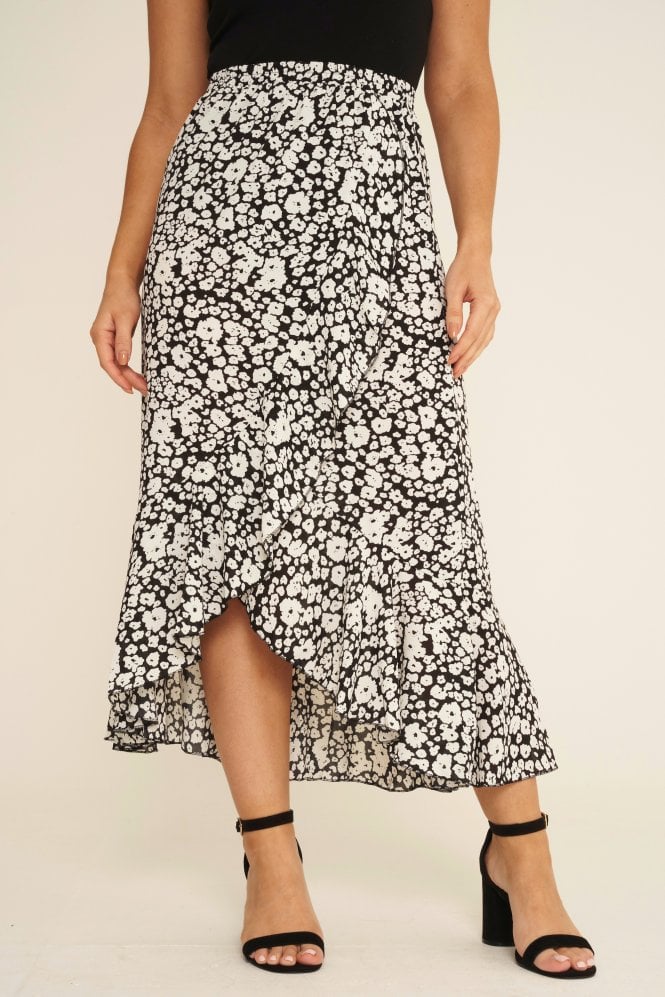 Flamant Rose Black & White Flower Print Wrap Style Frill Skirt