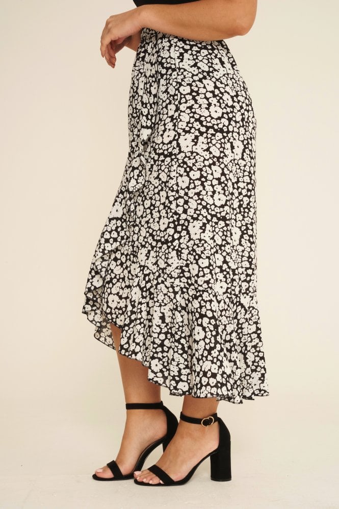 Flamant Rose Black & White Flower Print Wrap Style Frill Skirt