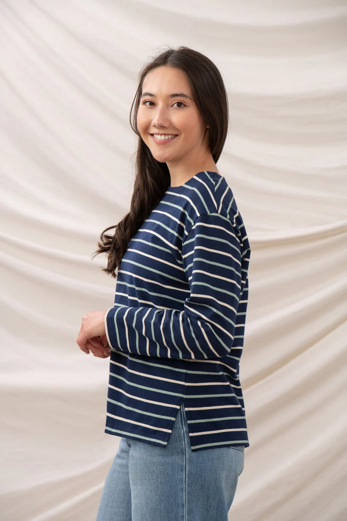 Lighthouse Causeway II Long Sleeve Top Navy Cream Sage Stripe