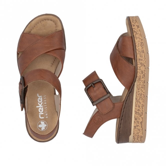 Rieker 63795-22 Ladies Low Wedge Sandal Cognac