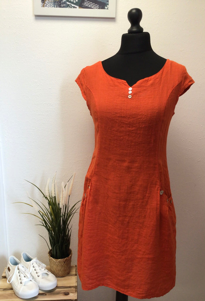 Plain Linen Button Pocket Dress Orange